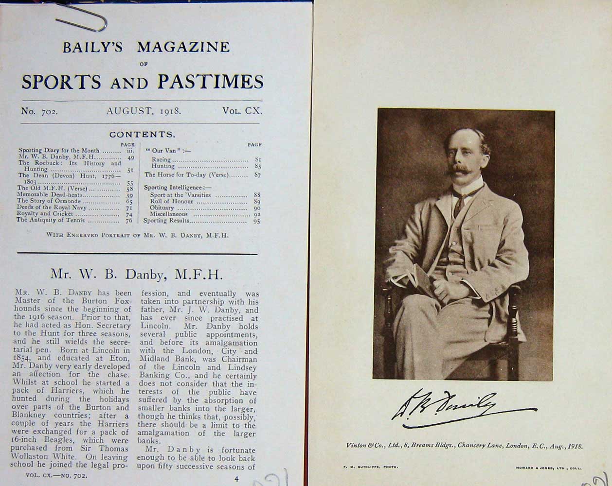 Original Old Vintage Print 1918 Portrait Mr W.B Danby Huntsman Sport 20th