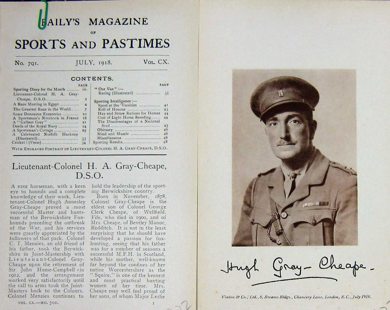 Original Old Vintage Print 1918 Portrait Lieutenant-Colonel Gray-Cheape 20th