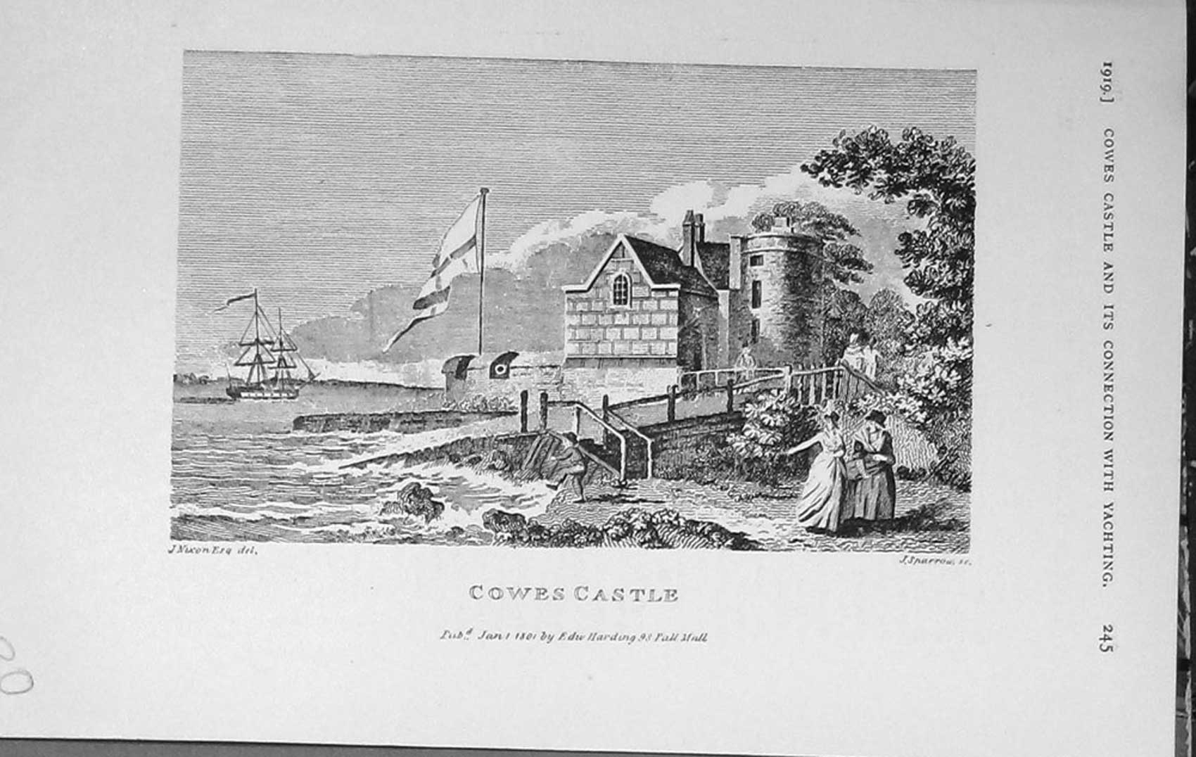 Original Old Vintage Print 1919 View Cowes Castle England Ship 20th Century