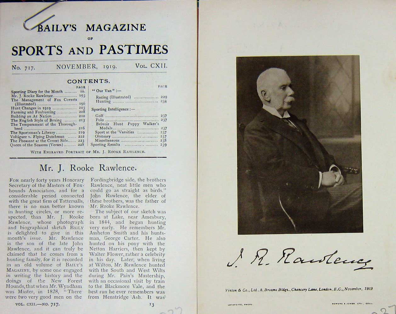 Original Old Vintage Print 1919 Portrait Mr J. Rooke Rawlence Huntsman 20th