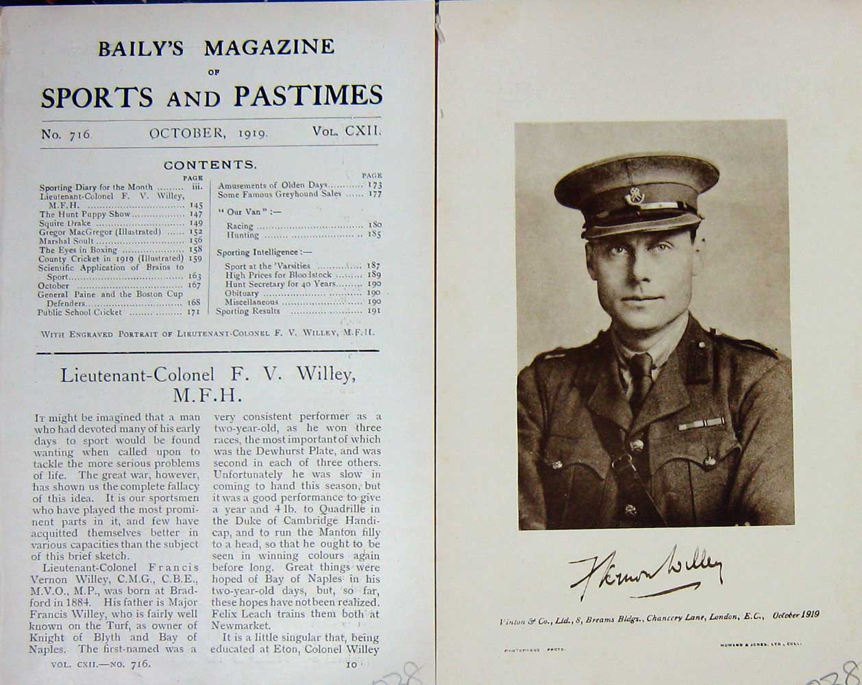 Original Old Vintage Print 1919 Portrait Lieutenant-Colonel Willey M.F.H 20th