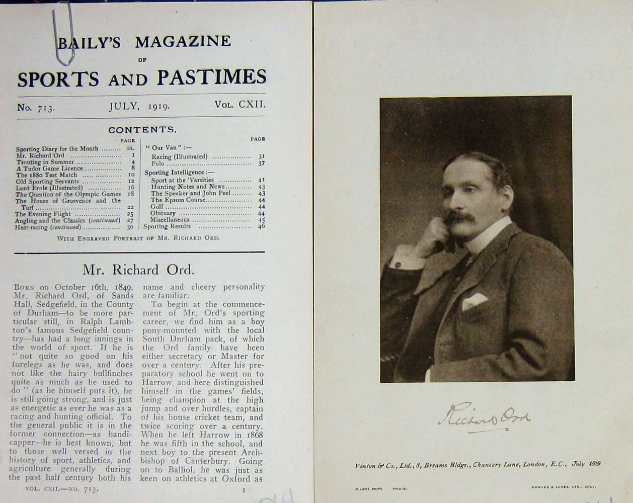 Original Old Vintage Print 1919 Portrait Mr Richard Ord Sportsman 20th Century