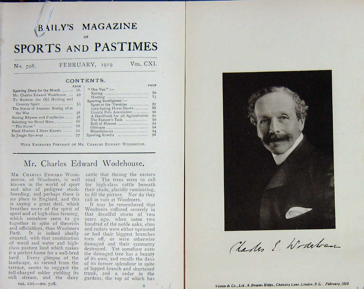 Original Old Vintage Print 1919 Portrait Mr Charles Edward Wodehouse 20th