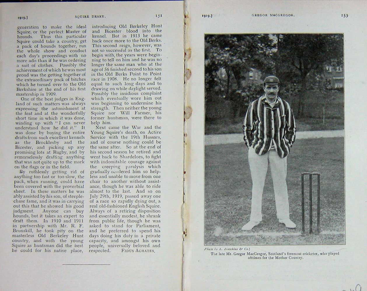Original Old Vintage Print 1919 Portrait Gregor Macgregor Cricketer 20th