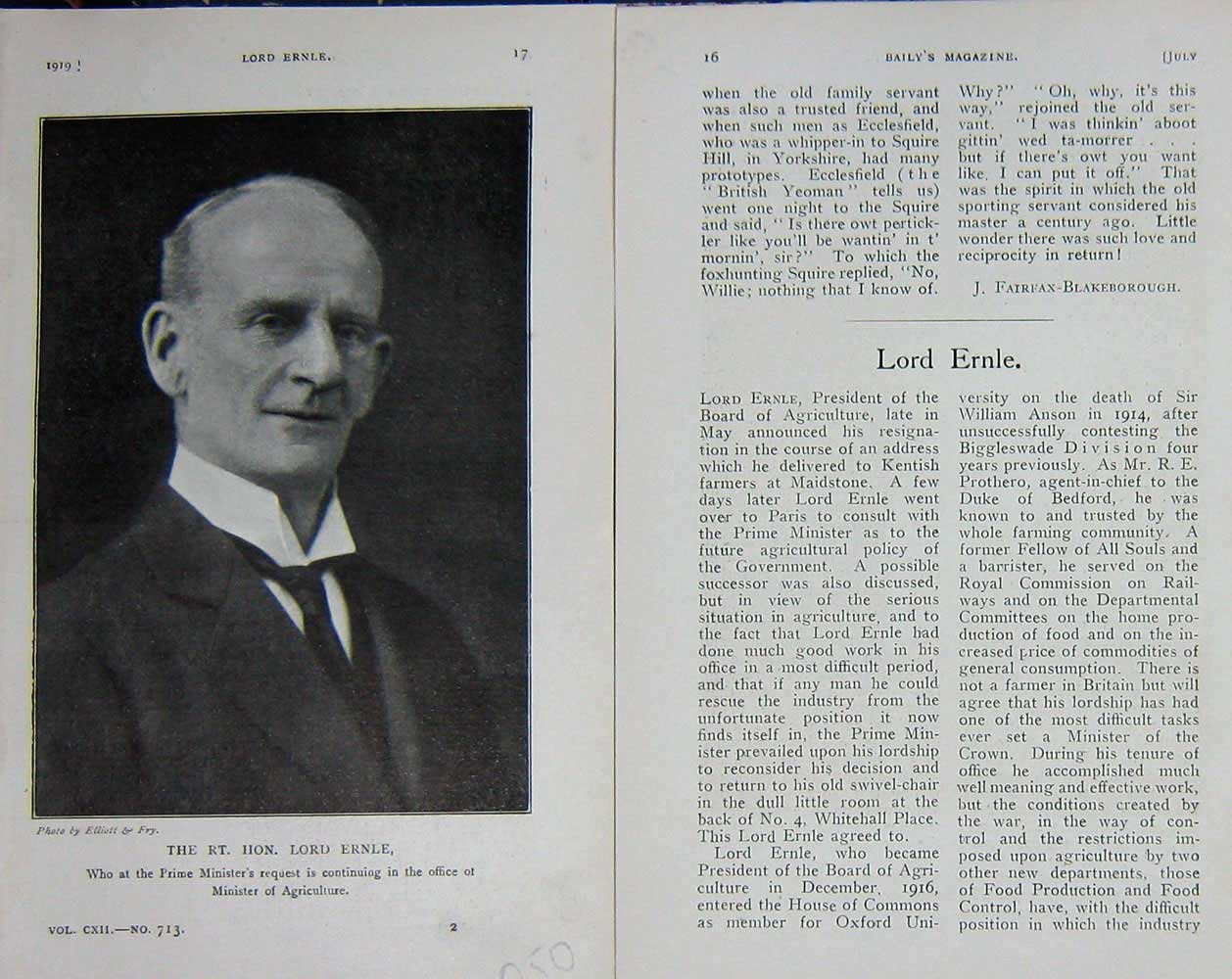 Original Old Vintage Print 1919 Portrait Hon. Lord Ernle Agriculture 20th