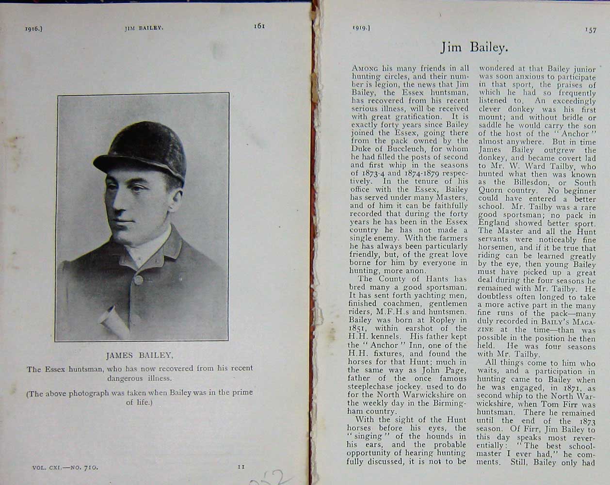 Original Old Vintage Print 1919 Portrait James Bailey Essex Huntsman Sport 20th