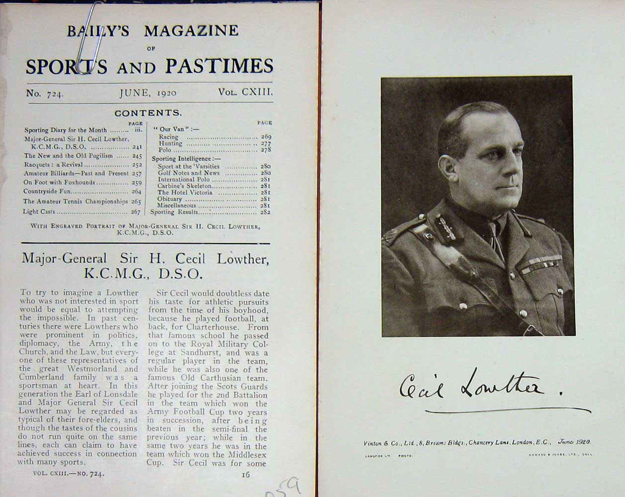 Original Old Vintage Print 1920 Portrait Major General Sir Cecil Lowther 20th