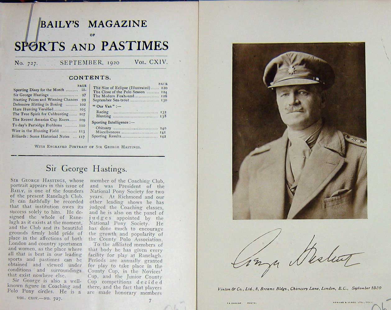 Original Old Vintage Print 1920 Portrait Sir George Hastings Ranelagh 20th