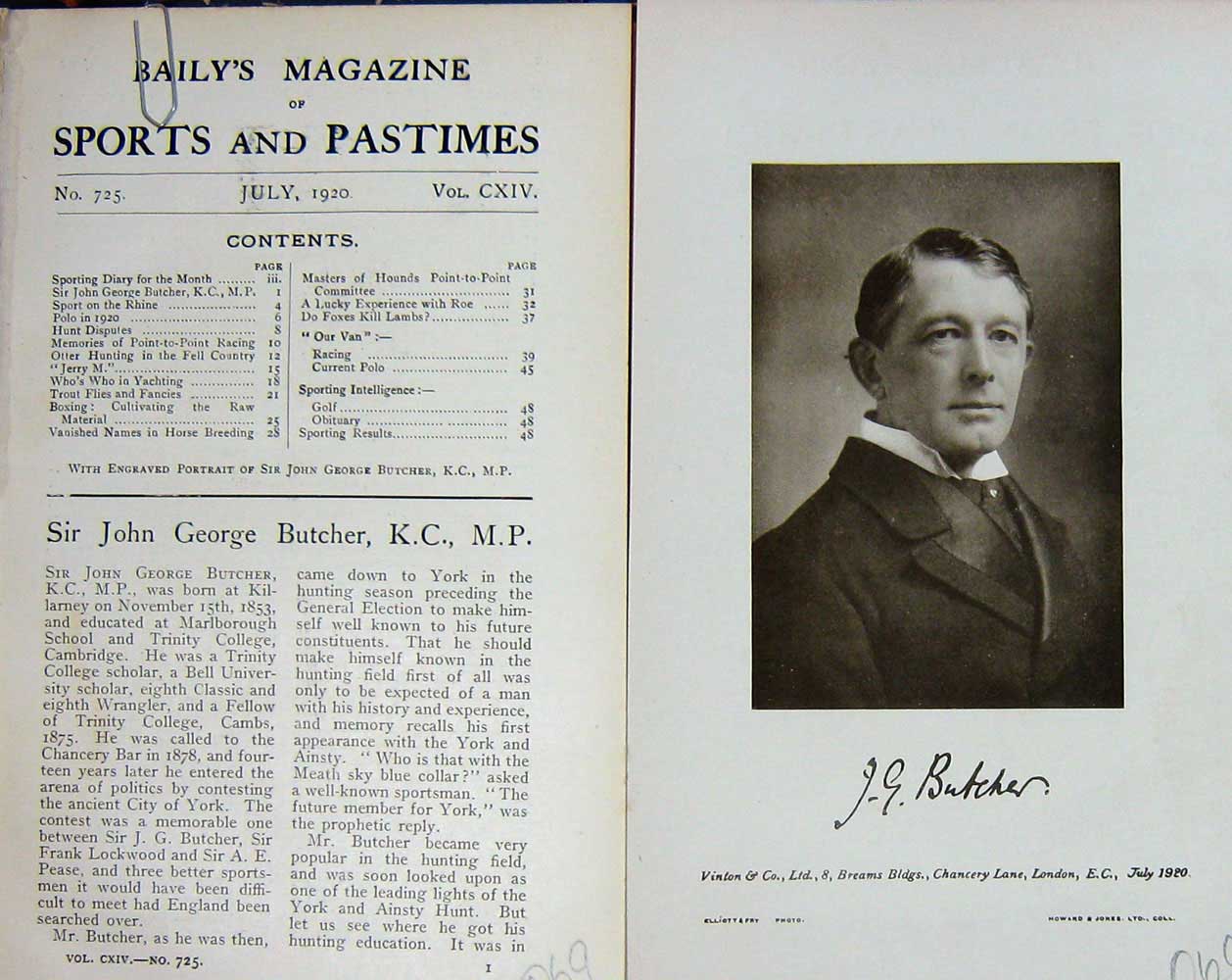 Original Old Vintage Print 1920 Portrait Sir John George Butcher Huntsman 20th