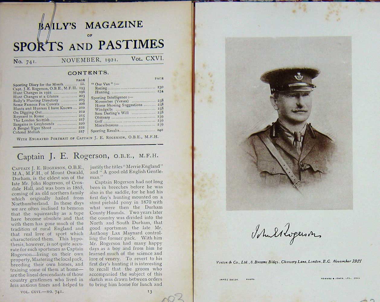 Original Old Vintage Print 1921 Portrait Captain J.E Rogerson Huntsman 20th