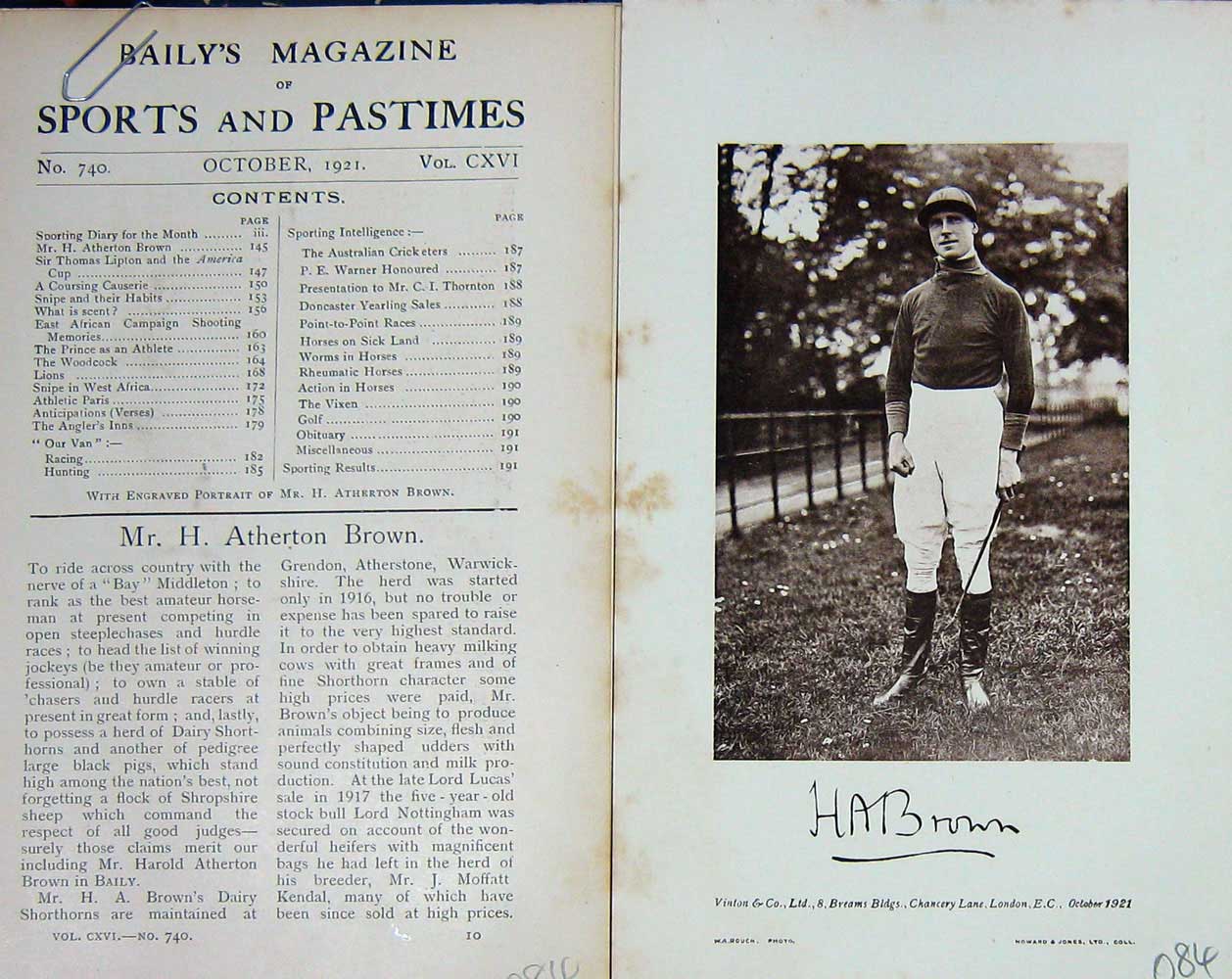 Original Old Vintage Print 1921 Portrait Mr H. Atherton Brown Horseman 20th