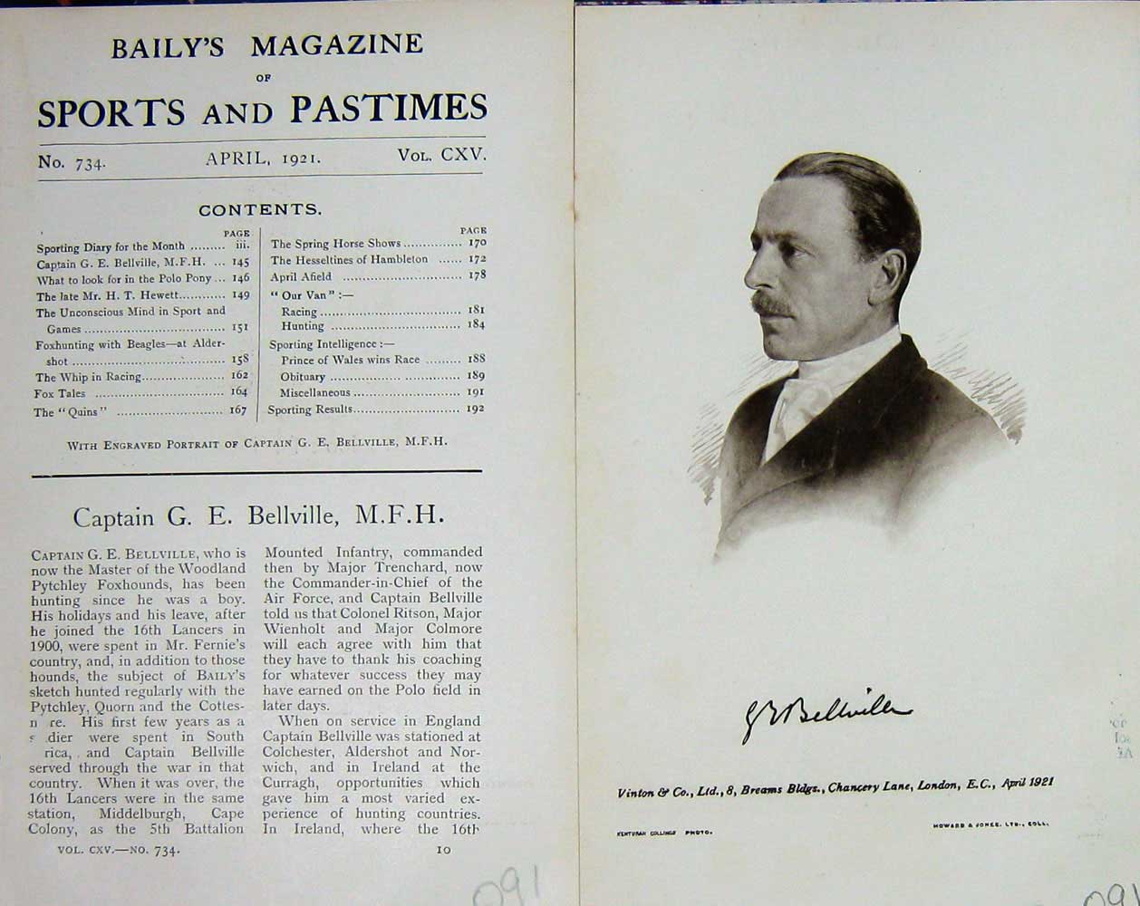 Original Old Vintage Print 1921 Portrait Captain Bellville Huntsman 20th