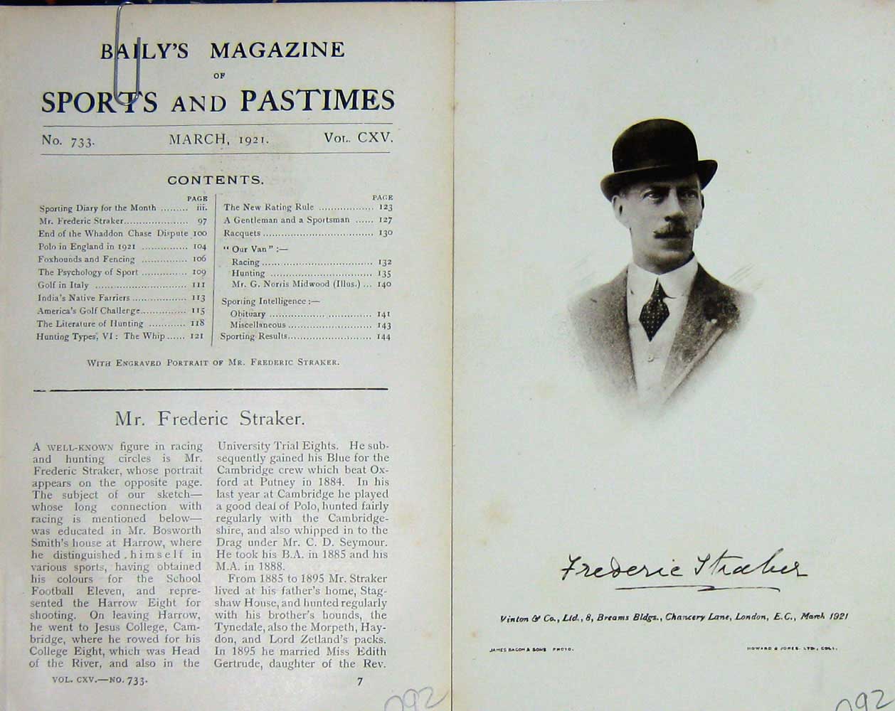 Original Old Vintage Print 1921 Portrait Mr Frederic Straker Huntsman 20th