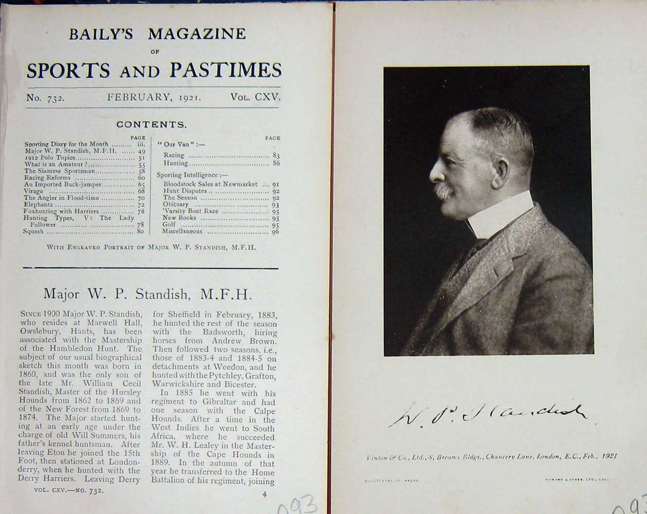 Original Old Vintage Print 1921 Portrait Major W.P Standish Huntsman 20th