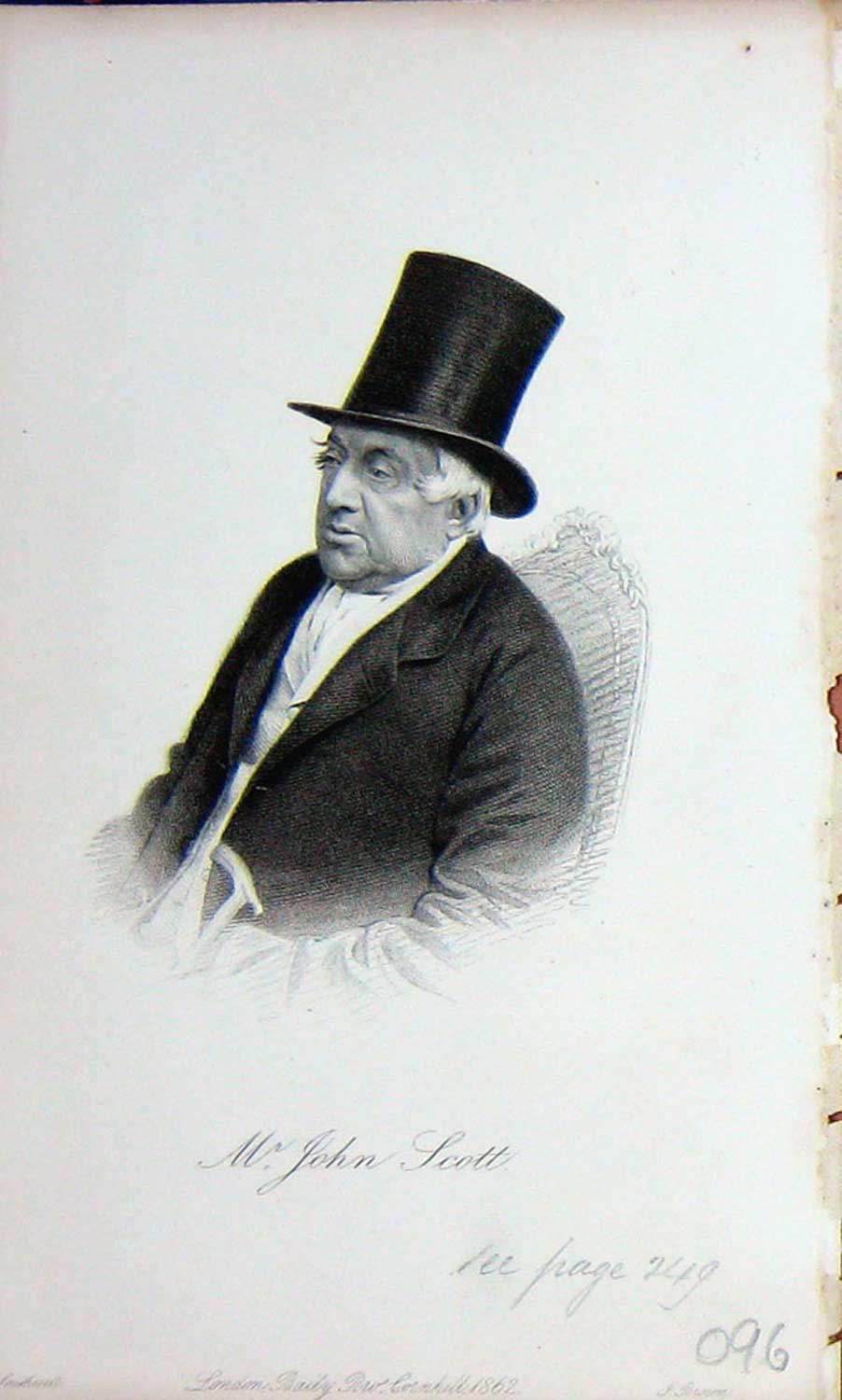 Original Old Antique Print Baily'S Portrait 1862 Mr John Scott Top-Hat 19th