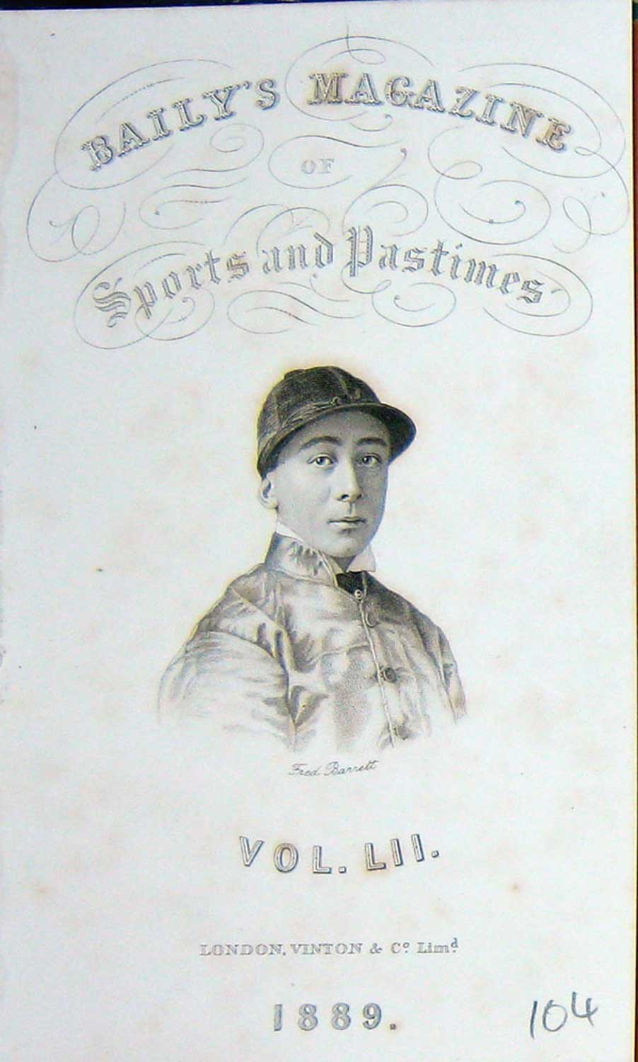 Original Old Antique Print Frontispiece Portrait 1889 Fred Barrett Jockey Sport