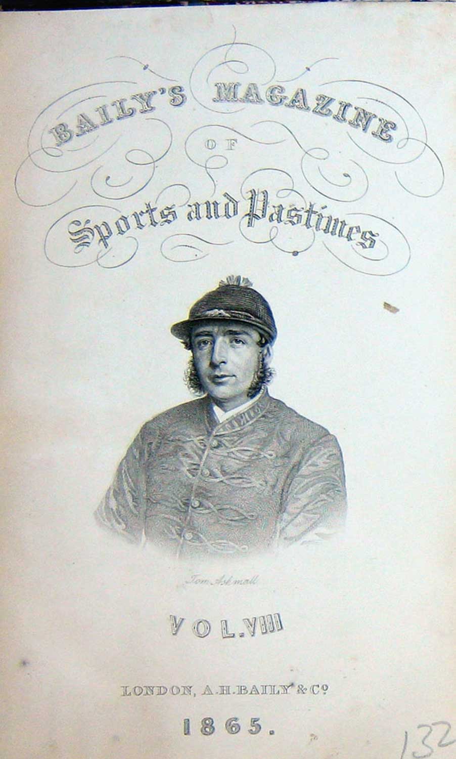 Old Antique Print Frontispiece Portrait Tom Askmall 1865 Jockey Sportsman 19th
