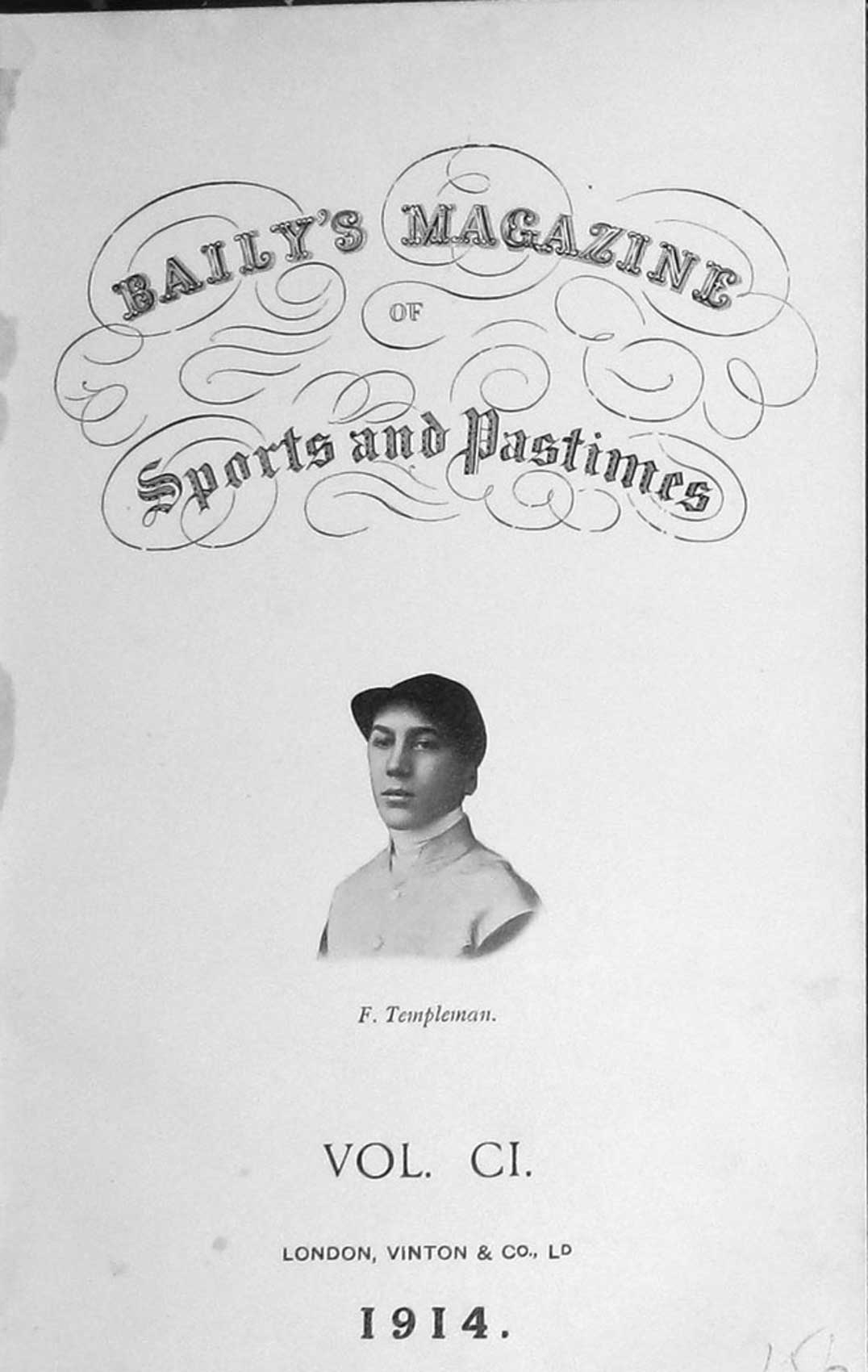 Original Old Antique Print Frontispiece Portrait 1914 F. Templeman Jockey Sport