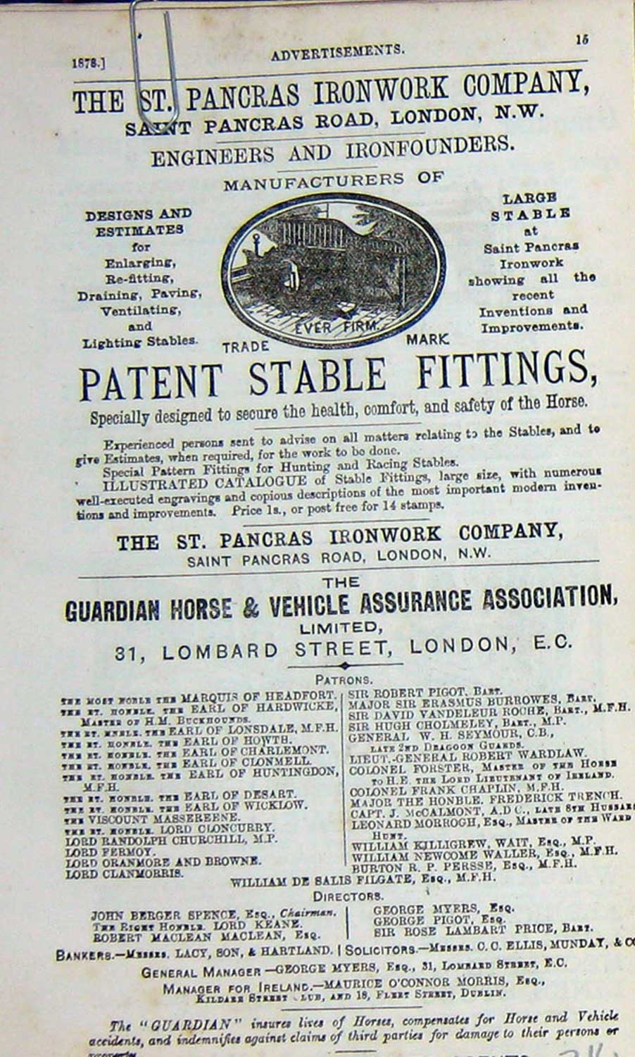 Original Old Antique Print 1878 Advertisment Pancras Ironwork Guardian Vehicle