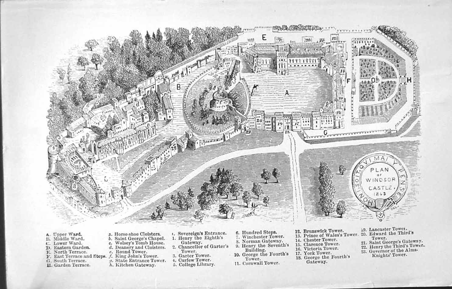 Antique Old Print *3486 C1917 Windsor Castle Plan London Tower Gateway Chapel