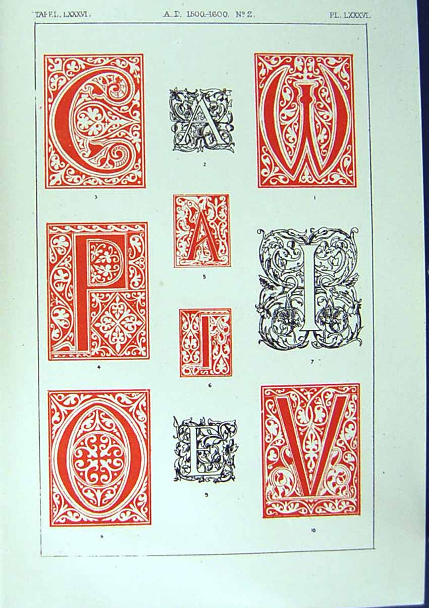 Antique Old Print Ref.756 1860 Art Illuminating Alphabet Letters Calligraphy