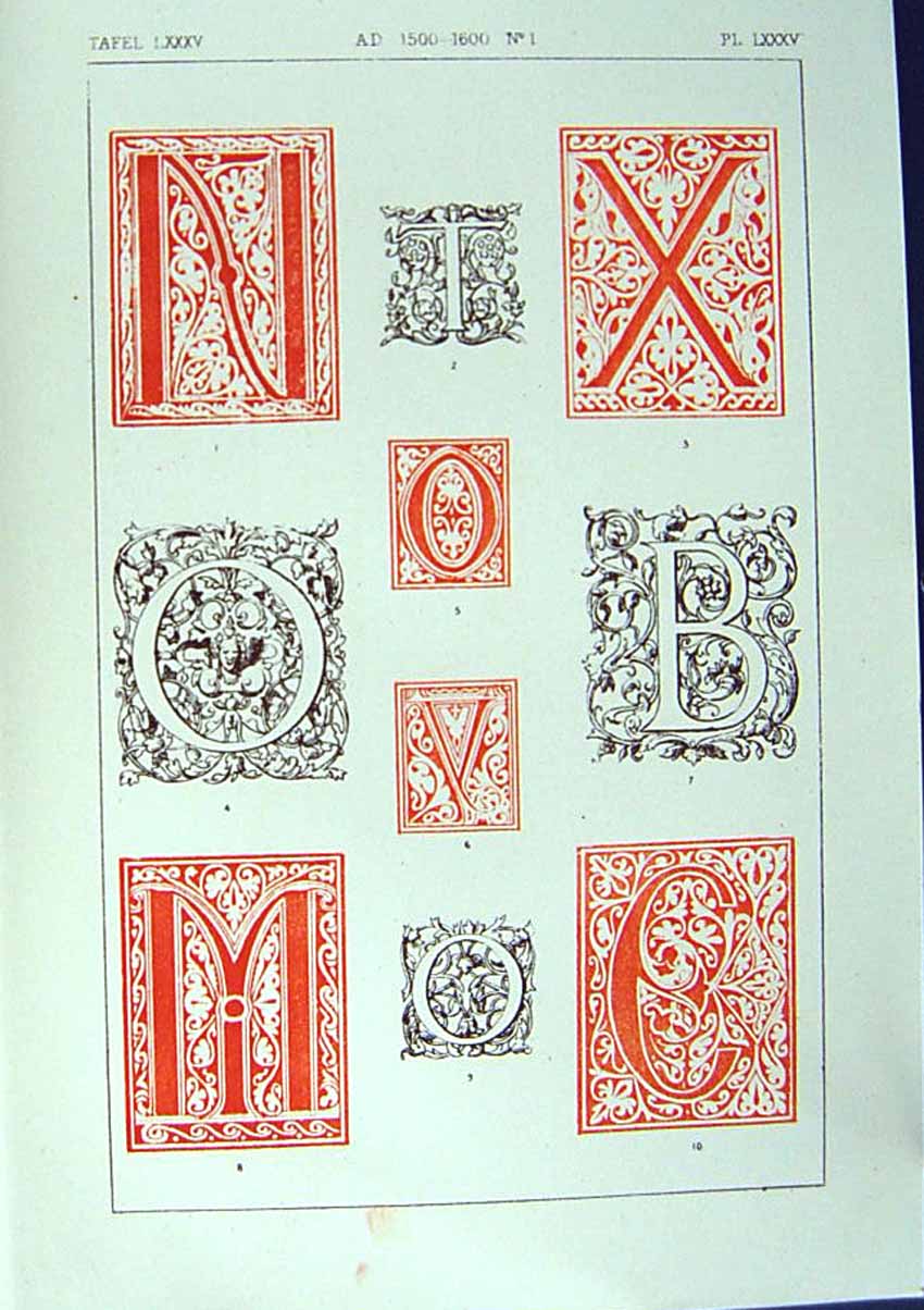 Antique Old Print Ref.757 1860 Art Illuminating Alphabet Letters Calligraphy