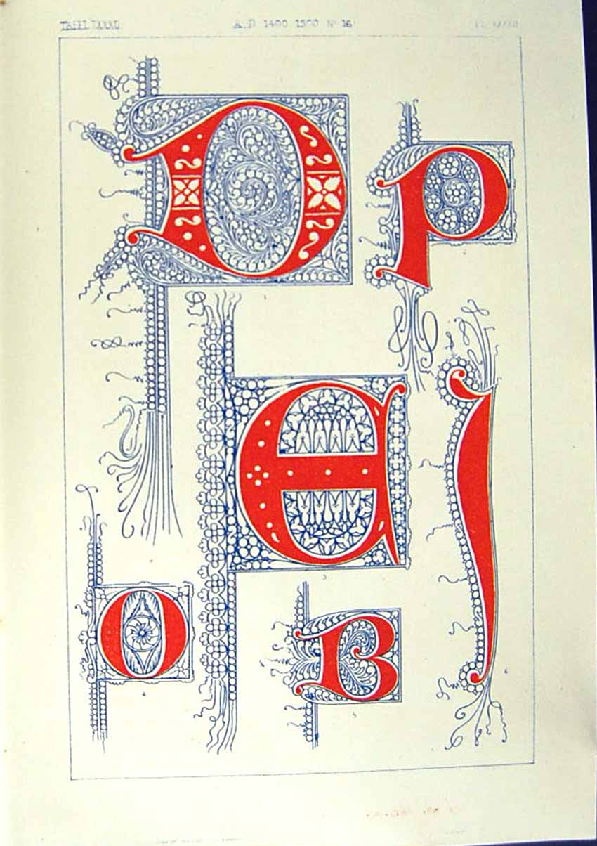 Antique Old Print Ref.758 1860 Art Illuminating Alphabet Letters Calligraphy