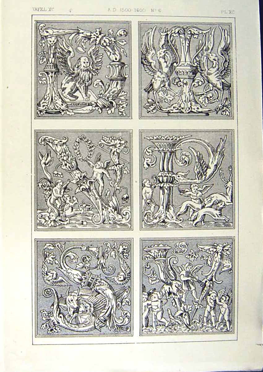 Antique Old Print *2500 1860 Art Illuminating Patterns Design People Shapes