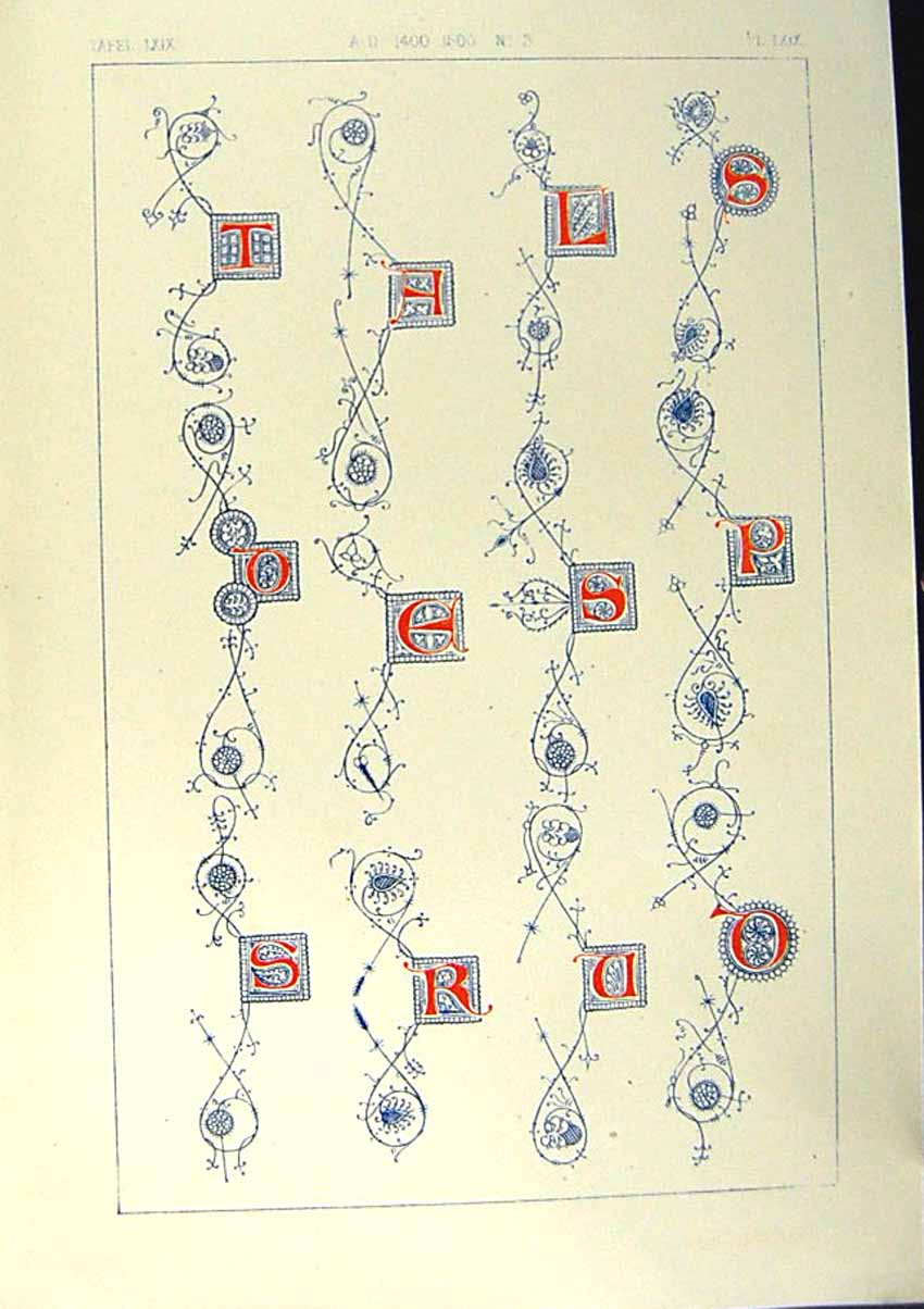 Antique Old Print Ref.771 1860 Art Illuminating Alphabet Letters Calligraphy