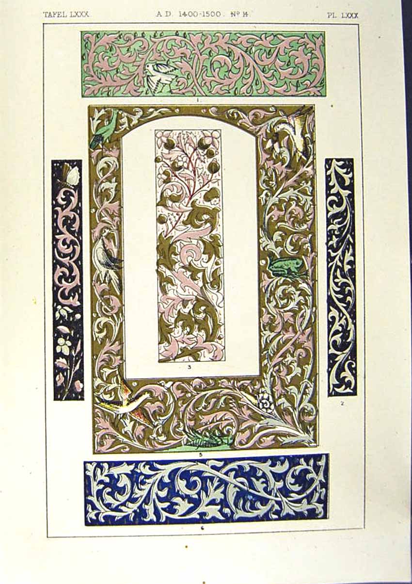 Antique Old Print *2504 1860 Art Illuminating Colour Patterns Design Scrolls