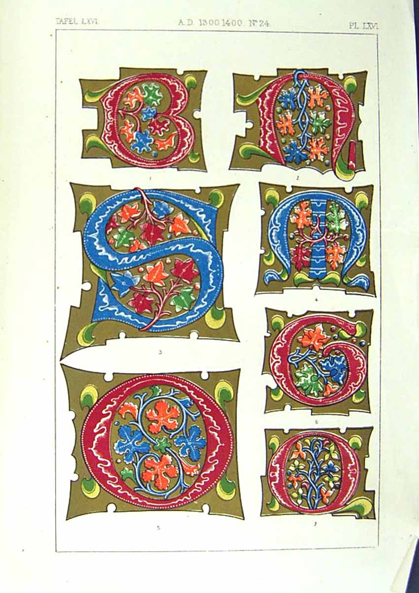 Old Print Ref.777 1860 Art Illuminating Alphabet Letters Design Patterns