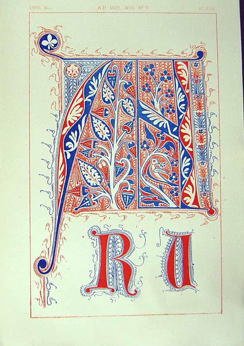 Antique Old Print *2515 1860 Art Illuminating Alphabet Letters Colour Design