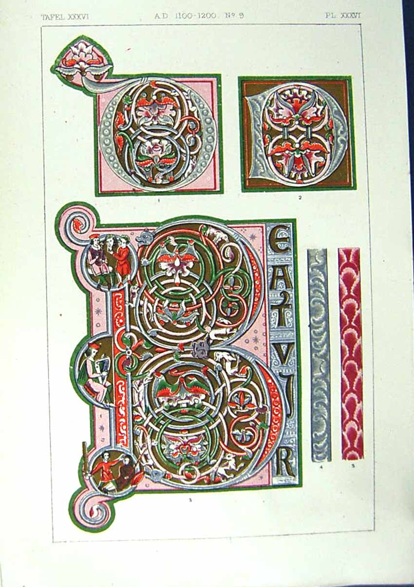 Antique Print Ref.788 1860 Art Illuminating Alphabet Letters Colour Design