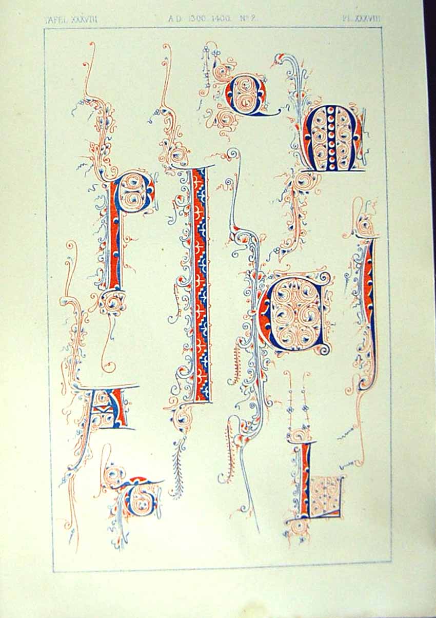 Old Print Ref.794 1860 Art Illuminating Alphabet Letters Patterns Design
