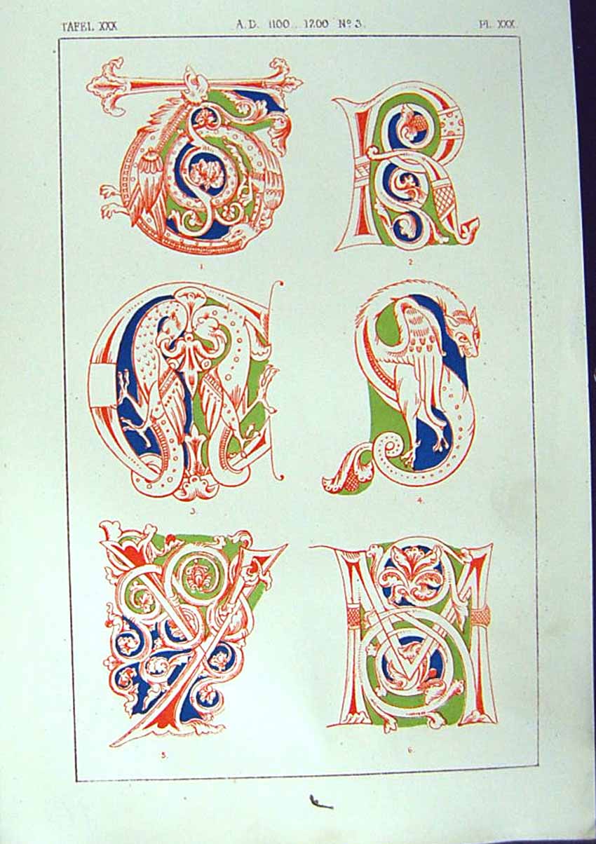 Old Print Ref.796 1860 Art Illuminating Alphabet Letters Patterns Design