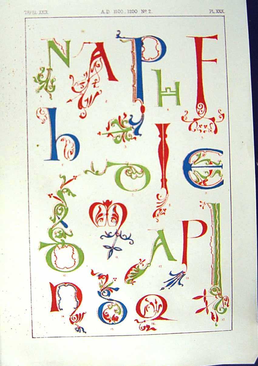 Old Print Ref.797 1860 Art Illuminating Alphabet Letters Design Patterns