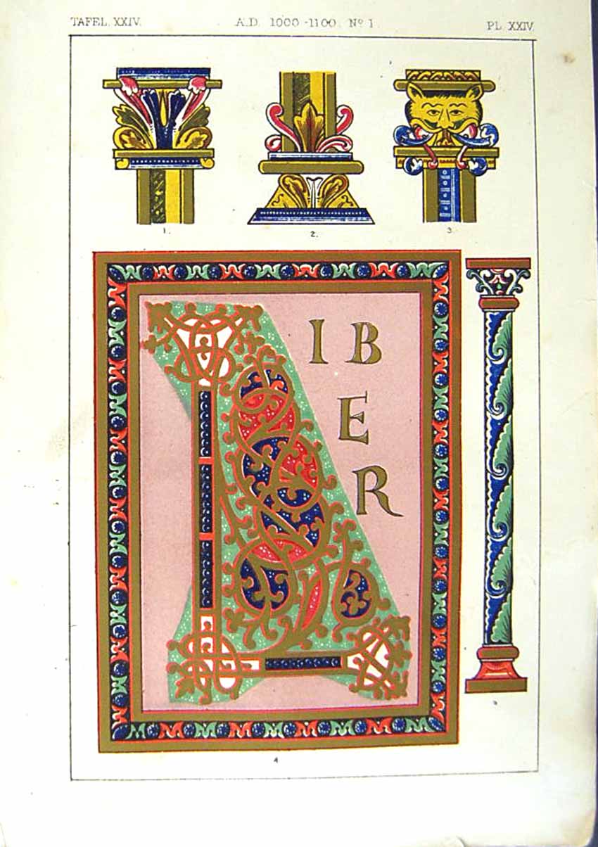 Antique Old Print *2518 1860 Art Illuminating Colour Patterns Design Letters