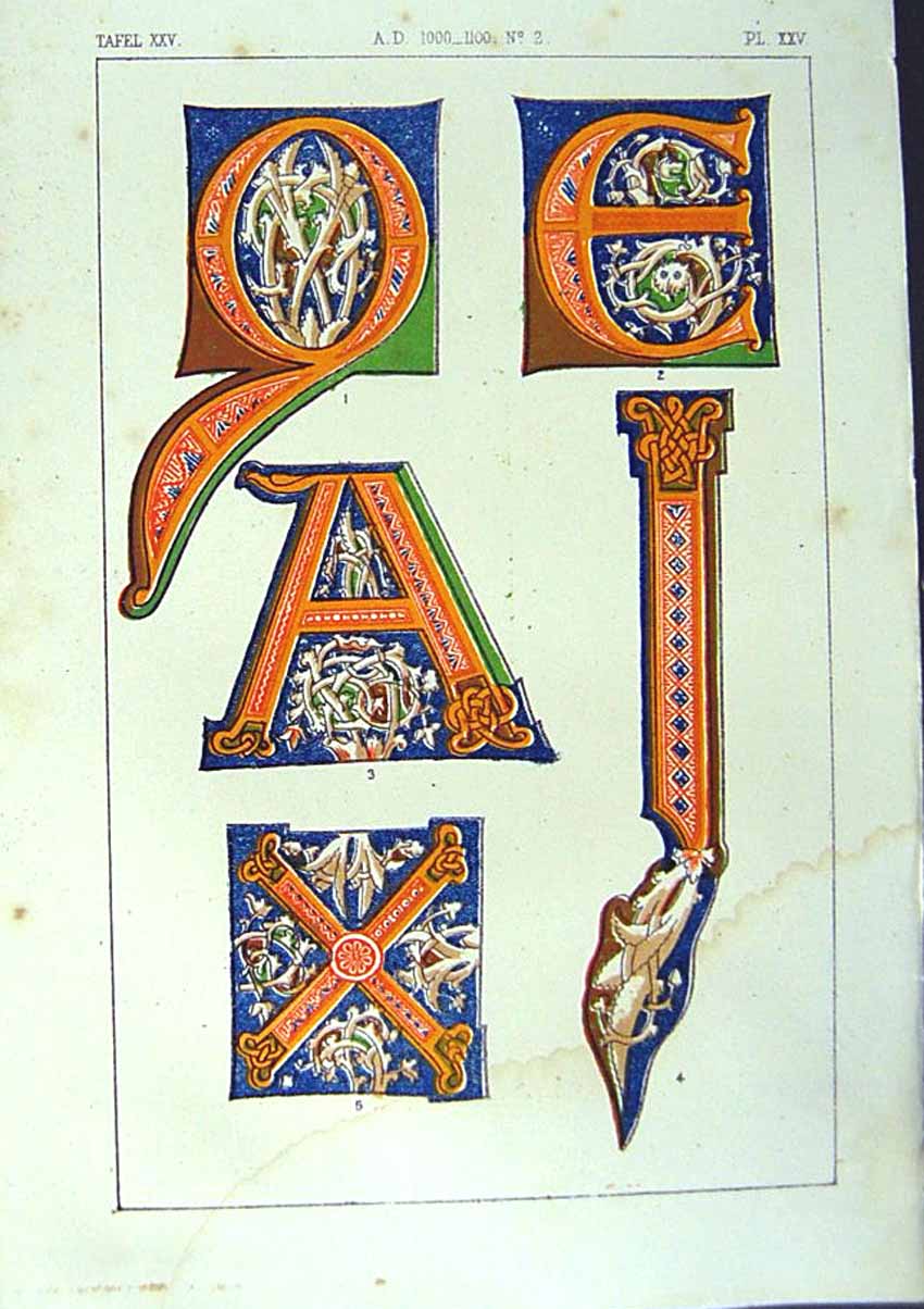 Antique Old Print *2519 1860 Art Illuminating Colour Patterns Letters Design
