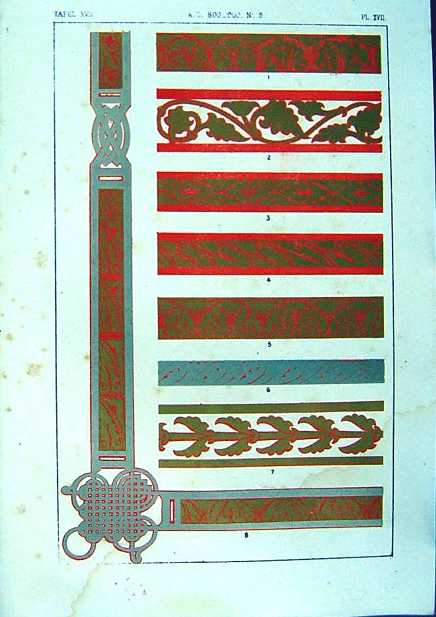 Antique Old Print *2522 1860 Art Illuminating Orange Colour Design Patterns
