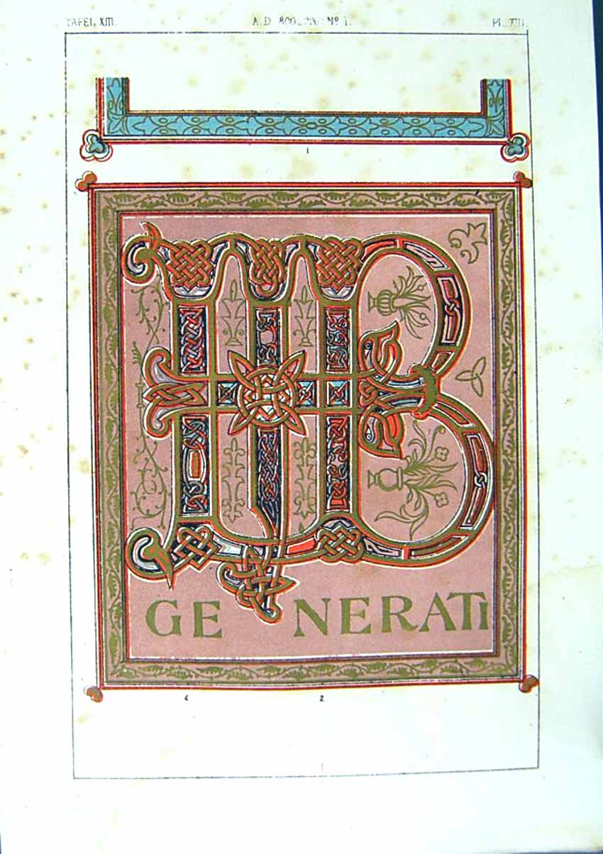 Antique Old Print *2523 1860 Art Illuminating Alphabet Letters Design Colour