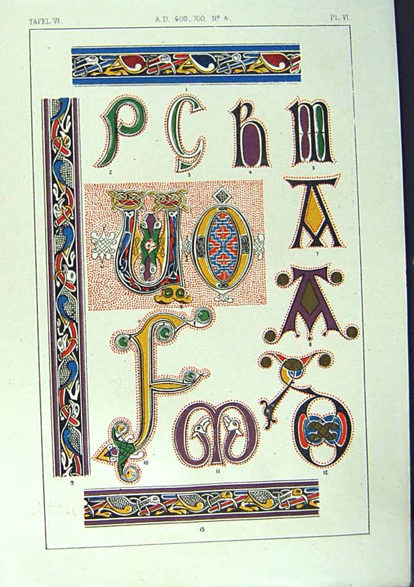 Antique Old Print *2527 1860 Art Illuminating Patterns Colour Drawings Design