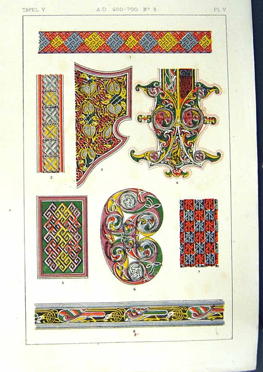 Old Print Ref.804 1860 Art Illuminating Alphabet Letters Patterns Colour