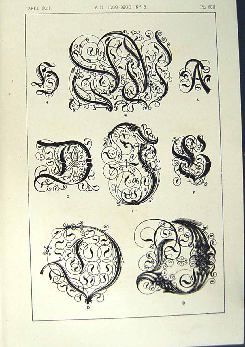 Antique Old Print Ref.806 1860 Art Illuminating Alphabet Letters Calligraphy