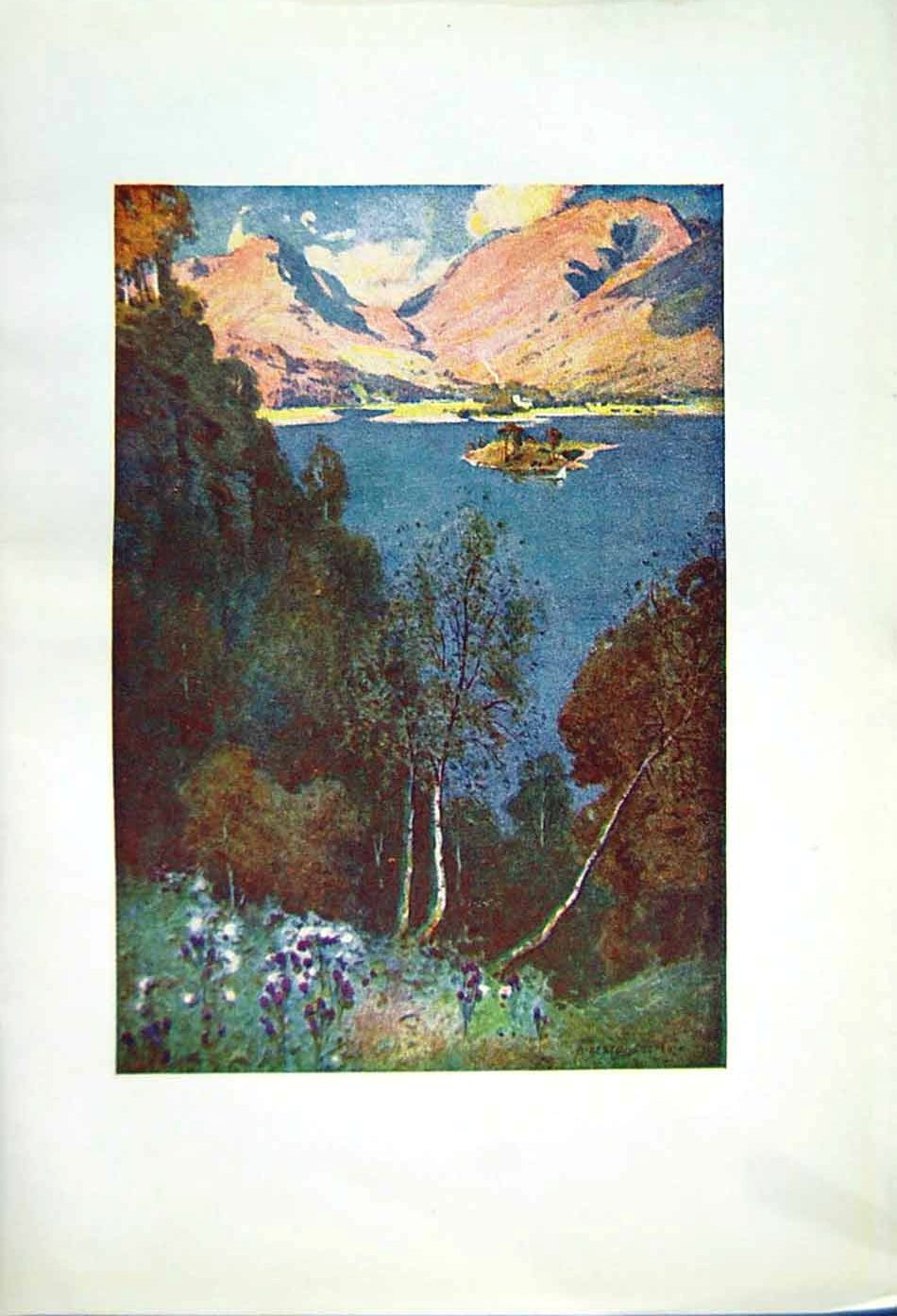 Antique Old Print *2539 1908 English Lakes Grasmere Trees Hills Cooper Colour