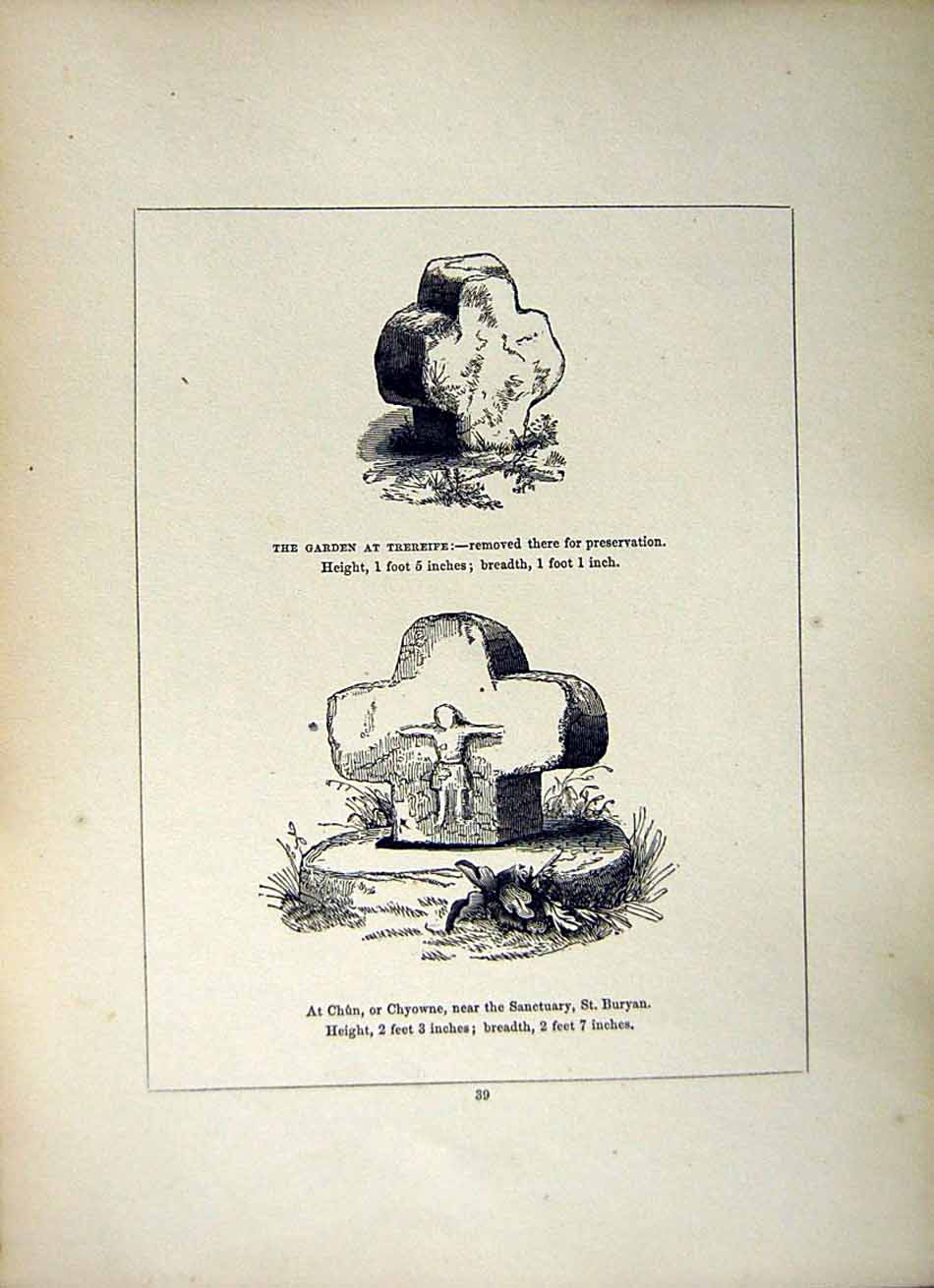 Antique Old Print *2601 1856 Cross Garden Trereife Chyowne Buryan Cornwall