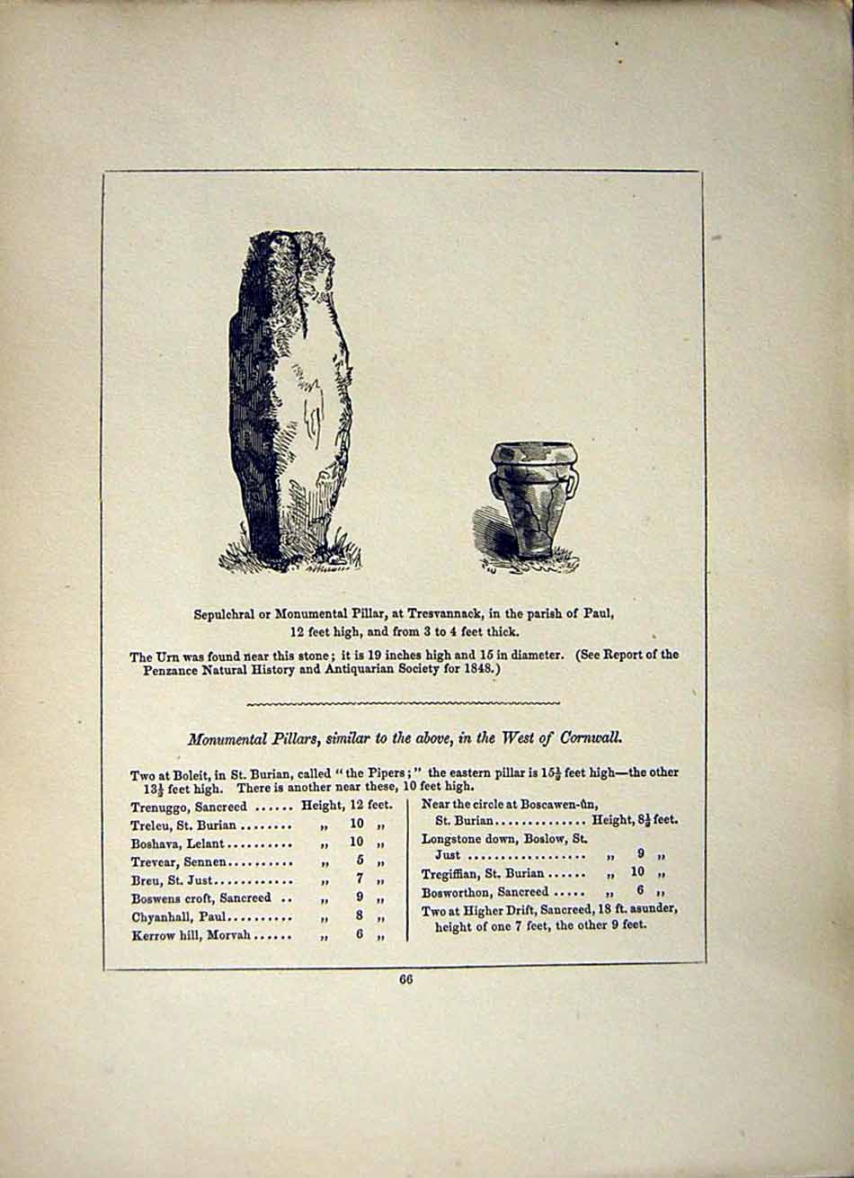 Antique Print *2603 1856 Sepulchral Monumental Pillar Parish Paul Cornwall