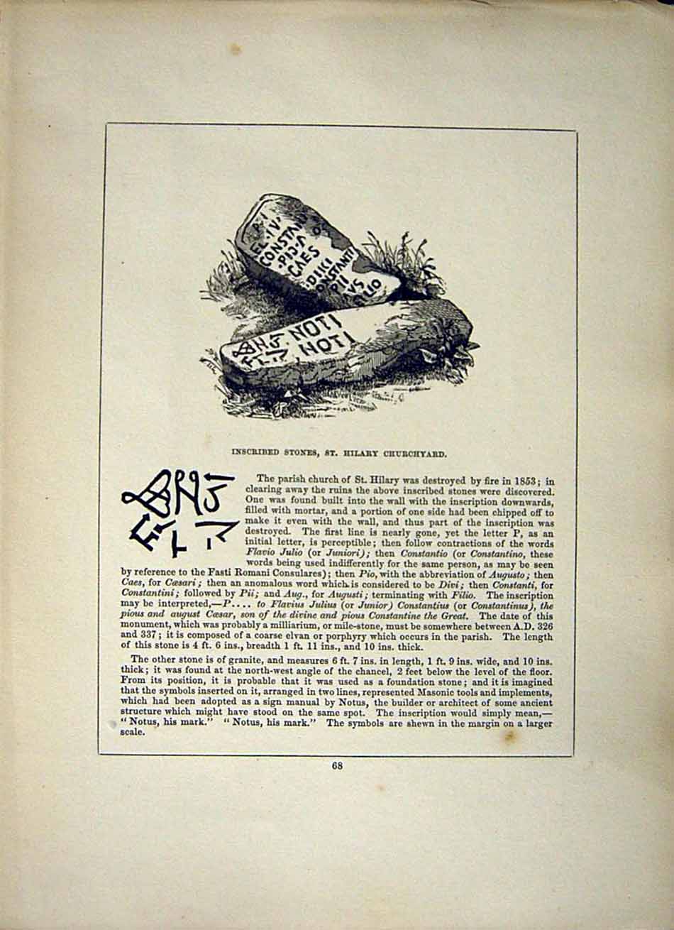 Antique Old Print *2605 1856 Cornwall Inscribed Stones St. Hilary Churchyard
