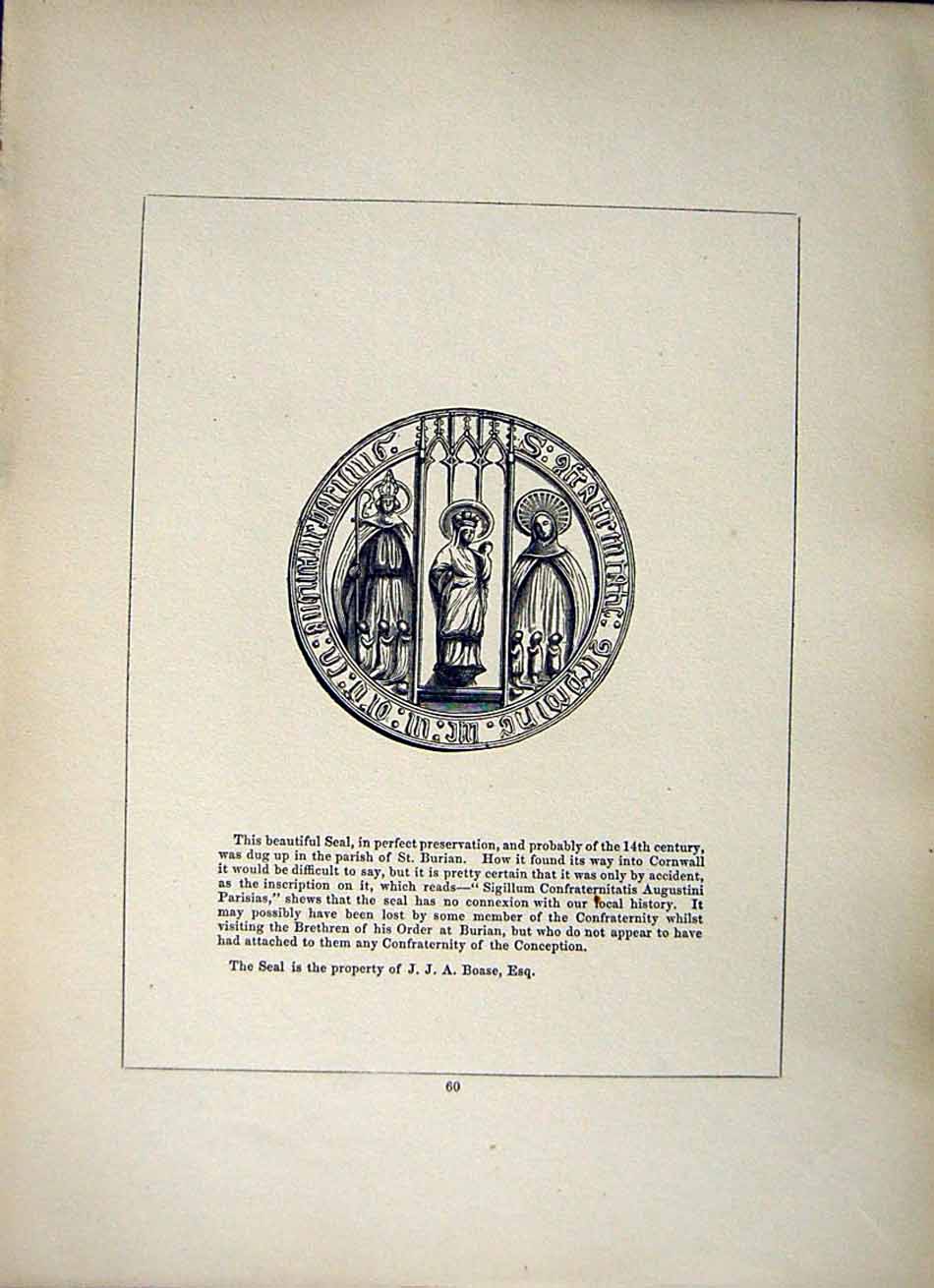 Antique Old Print *2610 1856 Cross Cornwall Seal Sigillum Confraternitatis