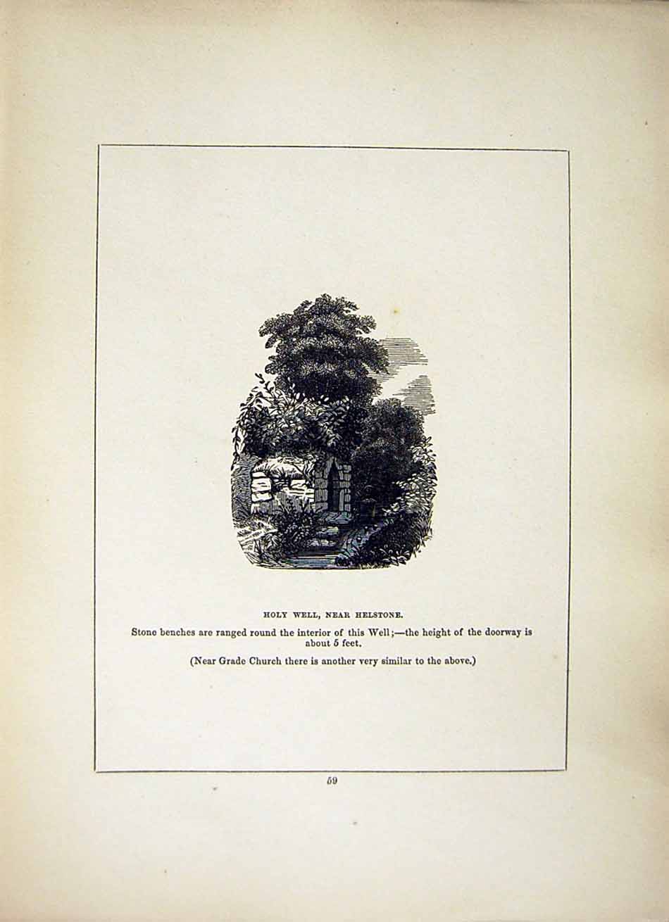 Original Old Antique Print *2611 1856 Cross Cornwall Holy Well Helstone Blight