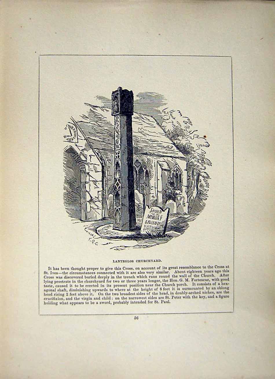 Old Antique Print *2612 1856 Cross Cornwall Lanteglos Churchyard St. Ives